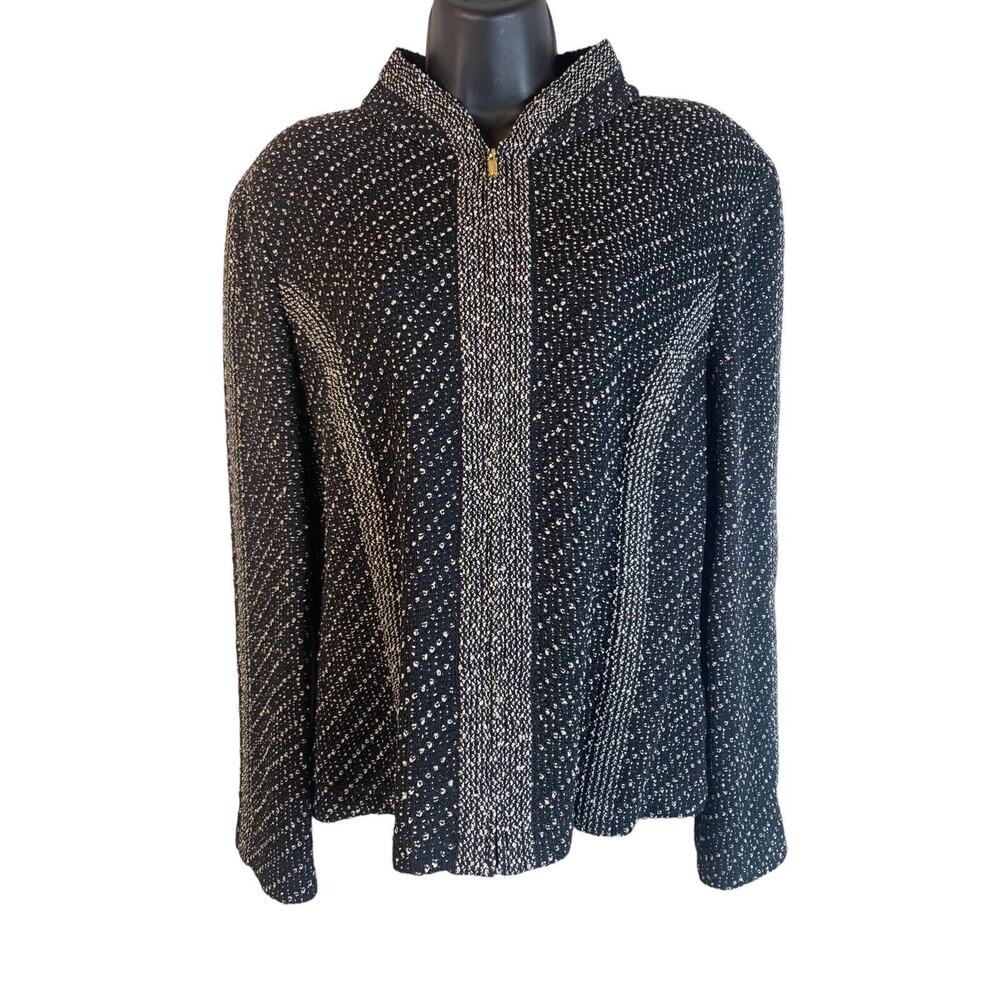 St. John Mock Neck Sweater Black Hidden Zip Up Cardigan Mock Neck Glimmer Sz 12